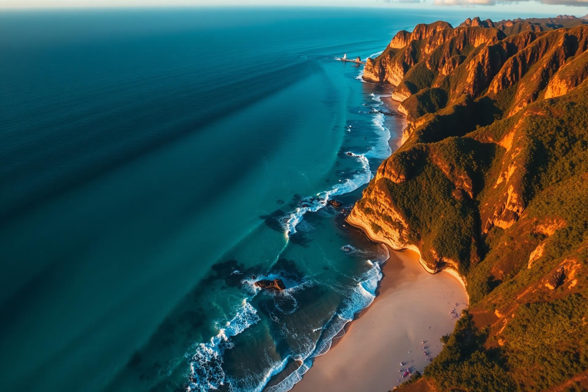 Vista aérea de praia paradisíaca ao pôr do sol
